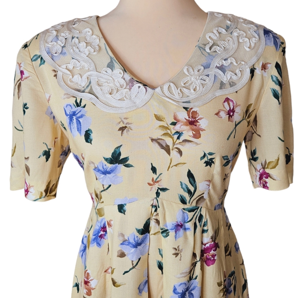 Vintage Prairie Cottagecore Floral Midi Dress Yellow Lace Collar Empire Waist 8 - Picture 5 of 13
